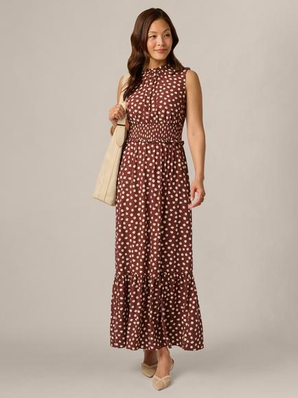 Adrianna Papell Polka Dot Print Smocked Maxi Dress, Brown/Ecru - view 2, Brown/Ecru