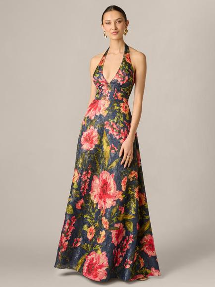 Adrianna Papell Aidan Mattox Printed Jacquard Maxi Dress, Navy Multi, Navy Multi