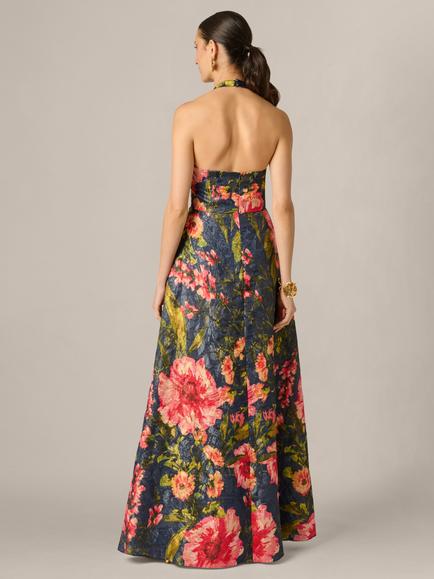 Adrianna Papell Aidan Mattox Printed Jacquard Maxi Dress, Navy Multi - view 2, Navy Multi