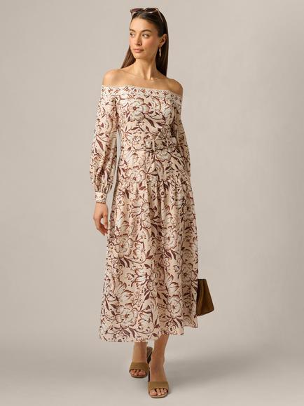 Adrianna Papell Floral Printed Midi Dress, Ecru/Chocolate, Ecru/Chocolate