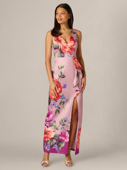 Adrianna Papell Floral Printed Mikado Gown, Mauve/Multi, Mauve/Multi