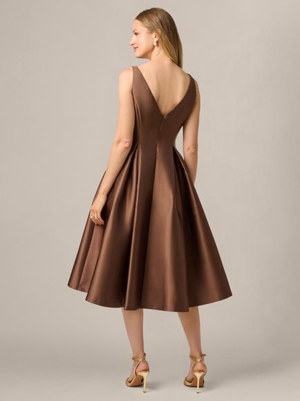 Adrianna Papell Sleeveless Mikado Tea Length Dress, Espresso - view 2, Espresso