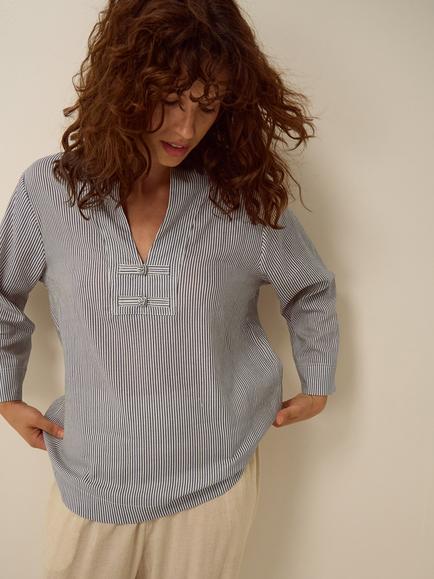 Monsoon Alexa Linen Blend Striped Top, Blue, Blue