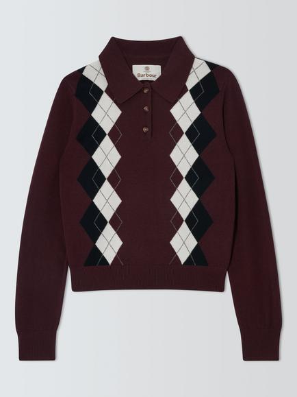 Barbour Fawne Argyle Knit Polo Jumper, Fig/Black/White, Fig/Black/White