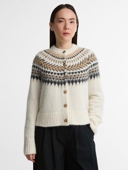 Barbour Pauline Fair Isle Cardigan, White/Brown, White/Brown