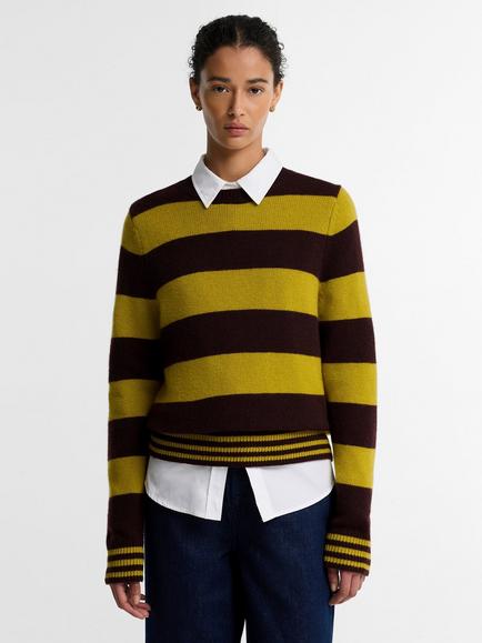 Barbour Woodhouse Striped Wool Rich Crew Neck Jumper, Brown/Yellow, Brown/Yellow