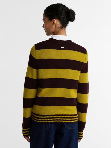 Barbour Woodhouse Striped Wool Rich Crew Neck Jumper, Brown/Yellow - view 2, Brown/Yellow