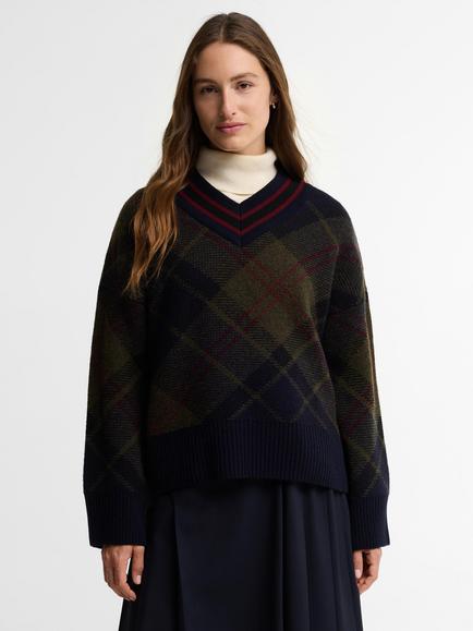 Barbour Shae V-Neck Tartan Wool Blend Knit Jumper, Shadow Class Tartan, Shadow Class Tart