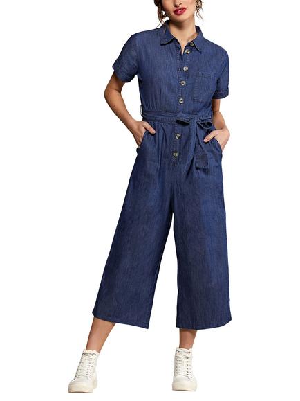 Yumi Button Denim Jumpsuit, Blue - view 2, Blue