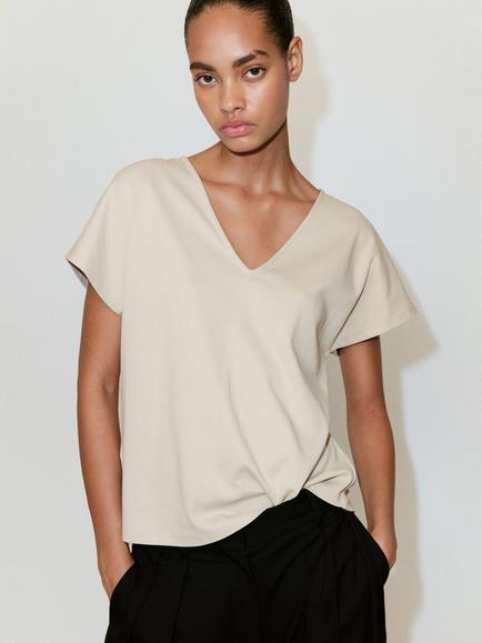 Mango V-Neck Draped T-Shirt, Stone, Stone