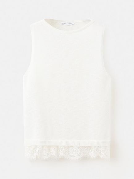 Mango Sleeveless Lace Hem Knit Top, Raw, Raw