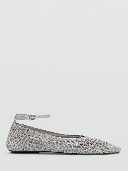 Mango Crochet Ankle Strap Ballerina Pumps, Silver, Silver