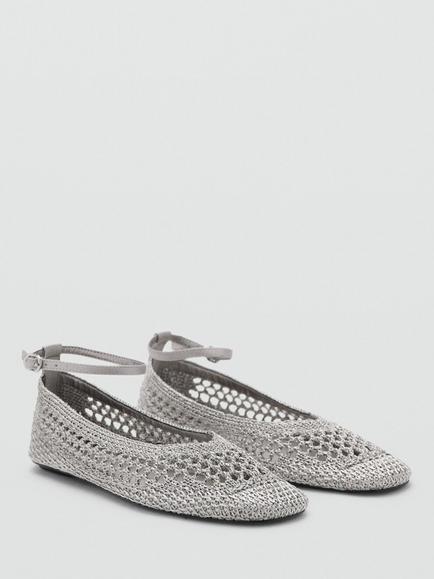 Mango Crochet Ankle Strap Ballerina Pumps, Silver - view 2, Silver
