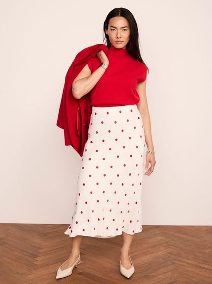 Mint Velvet Polka Dot Slip Skirt, Cream/Red, Cream/Red
