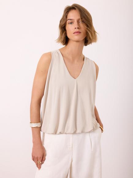 Mint Velvet Bubble Hem V-Neck Top, Natural, Natural