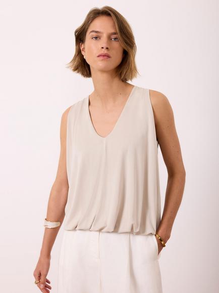 Mint Velvet Bubble Hem V-Neck Top, Natural - view 2, Natural