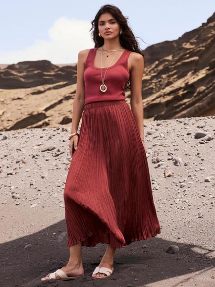 Mint Velvet Crinkle Satin A-Line Maxi Skirt, Red, Red
