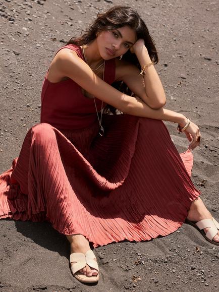 Mint Velvet Crinkle Satin A-Line Maxi Skirt, Red - view 2, Red