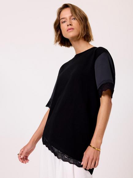 Mint Velvet Satin Lace Asymmetric Cotton Top, Black, Black