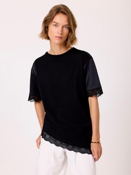 Mint Velvet Satin Lace Asymmetric Cotton Top, Black - view 2, Black