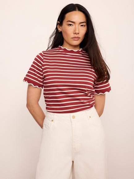 Mint Velvet Scallop Trim Cotton T-Shirt, Red/White Ivory, Red/White Ivory