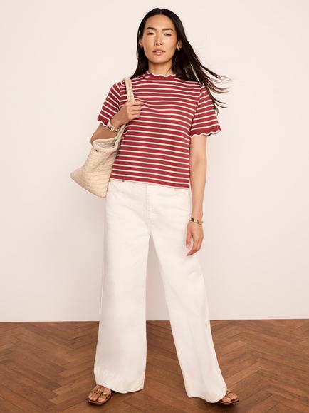 Mint Velvet Scallop Trim Cotton T-Shirt, Red/White Ivory - view 2, Red/White Ivory
