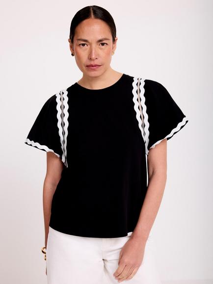 Mint Velvet Cotton Ric Rac Trim T-Shirt, Black, Black