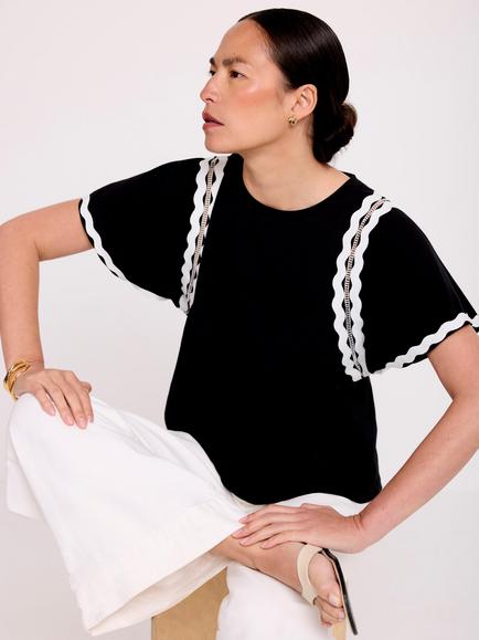 Mint Velvet Cotton Ric Rac Trim T-Shirt, Black - view 2, Black