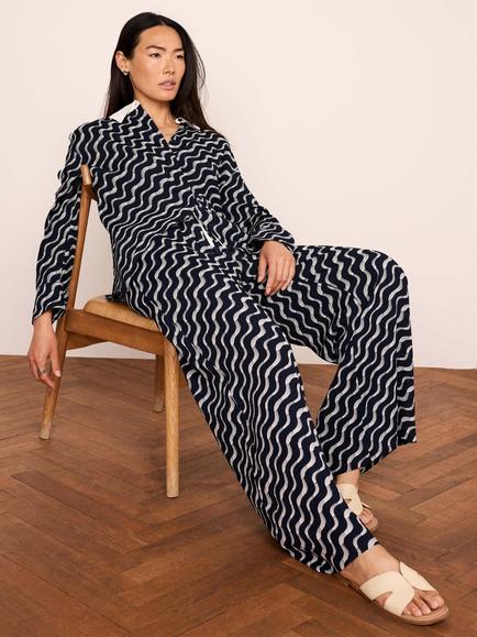 Mint Velvet Abstract Viscose Wide Leg Trousers, Navy - view 2, Navy