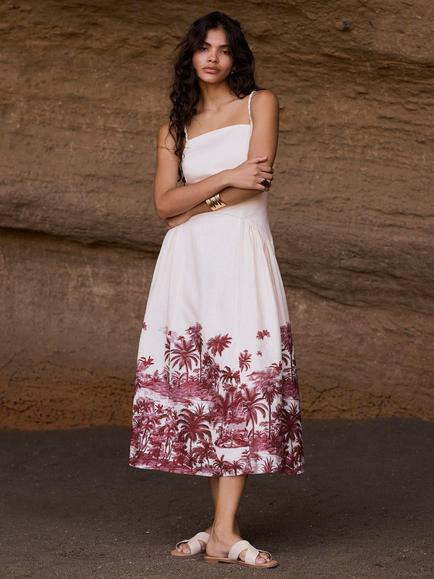 Mint Velvet Palm Print Linen Blend Midi Dress, Red Burgundy - view 2, Red Burgundy