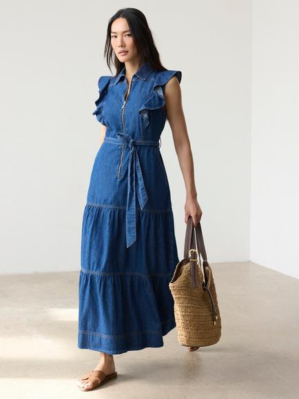 Mint Velvet Ruffle Cotton Denim Maxi Shirt Dress, Blue, Blue
