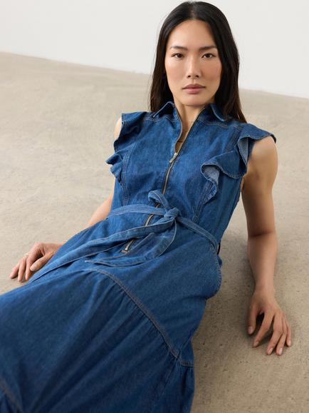 Mint Velvet Ruffle Cotton Denim Maxi Shirt Dress, Blue - view 2, Blue