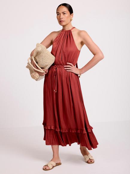 Mint Velvet Satin Halter Tiered Ruffle Maxi Dress, Brown, Brown