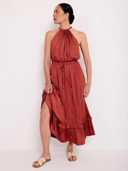 Mint Velvet Satin Halter Tiered Ruffle Maxi Dress, Brown - view 2, Brown