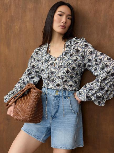 Mint Velvet Geometric Ruffle V-Neck Blouse, Blue, Blue