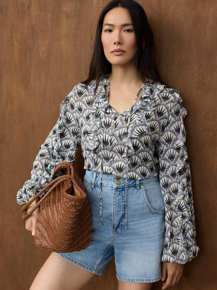 Mint Velvet Geometric Ruffle V-Neck Blouse, Blue - view 2, Blue
