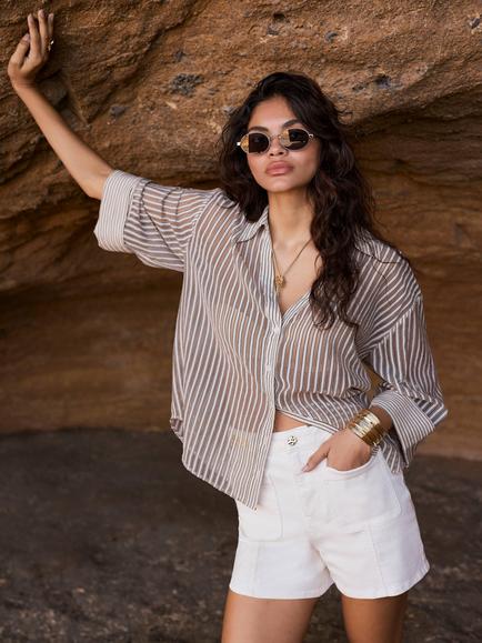 Mint Velvet Striped Sheer Relaxed Fit Shirt, Natural, Natural