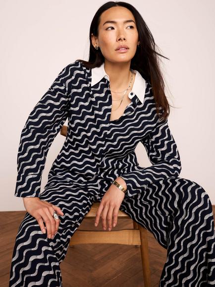 Mint Velvet Abstract Contrast Collar Shirt, Navy, Navy