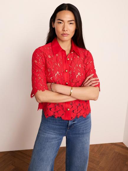 Mint Velvet Lace Cropped Shirt, Red, Red