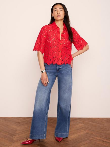Mint Velvet Lace Cropped Shirt, Red - view 2, Red