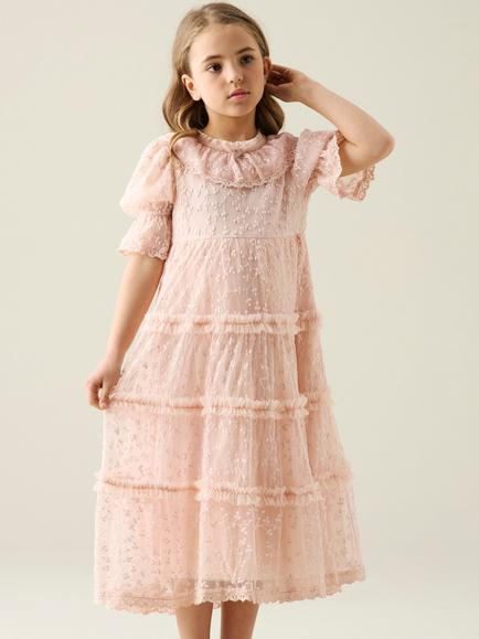 Angel & Rocket Kids' Annabelle Lace Puff Sleeve Ruffle Dress, Pink, Pink
