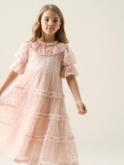 Angel & Rocket Kids' Annabelle Lace Puff Sleeve Ruffle Dress, Pink - view 2, Pink