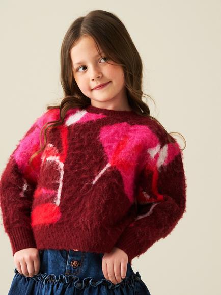 Angel & Rocket Kids' Ellie Flower Brushed Knit Jumper, Burgundy/Multi, Burgundy/Multi