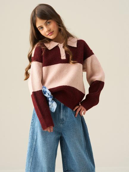 Angel & Rocket Kids' Knitted Stripe Rugby Jumper, Raspberry, Raspberry