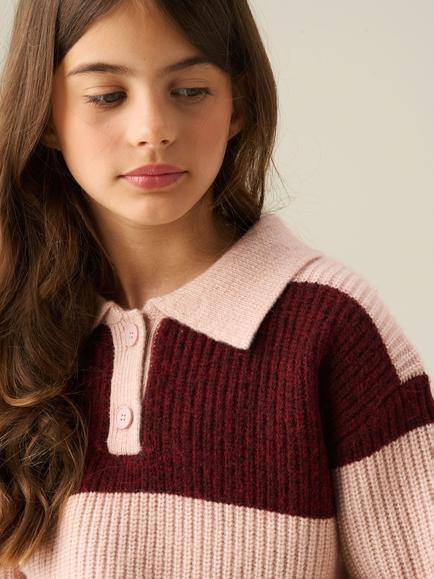 Angel & Rocket Kids' Knitted Stripe Rugby Jumper, Raspberry - view 2, Raspberry
