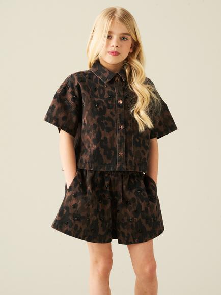Angel & Rocket Kids' Zeta Cotton Leopard Print Shirt, Brown - view 2, Brown