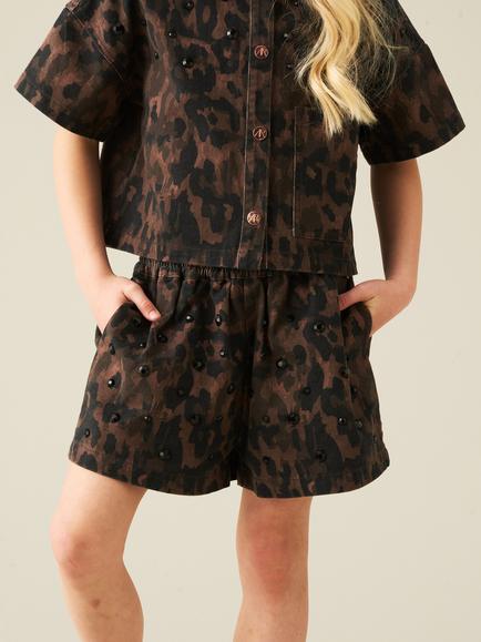 Angel & Rocket Kids' Zeta Cotton Leopard Print Shorts, Brown, Brown