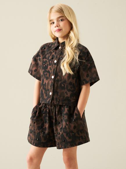 Angel & Rocket Kids' Zeta Cotton Leopard Print Shorts, Brown - view 2, Brown