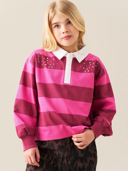 Angel & Rocket Kids' Marlie Cotton Stripe Rugby Shirt, Pink, Pink