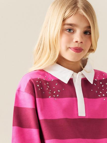 Angel & Rocket Kids' Marlie Cotton Stripe Rugby Shirt, Pink - view 2, Pink